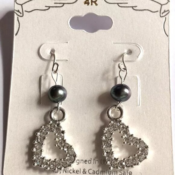 Black Tahitian Pearl Heart Earrings Silver Plated Crystal Dangle Bridal Love - Picture 8 of 11